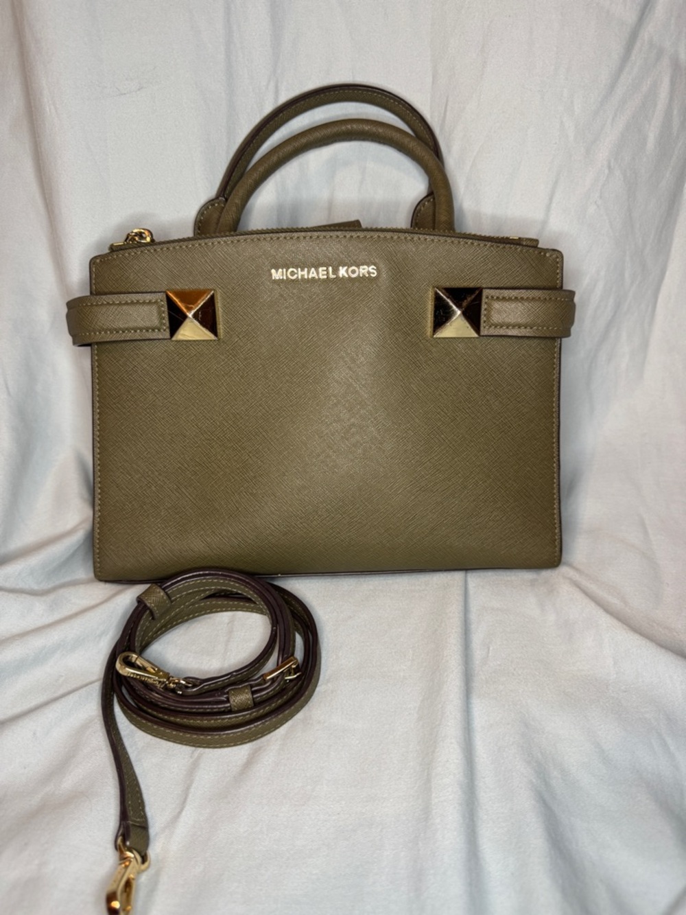 Michael Kors Saffiano Leather Satchel Olive Green Gold Studded Strap Crossbody